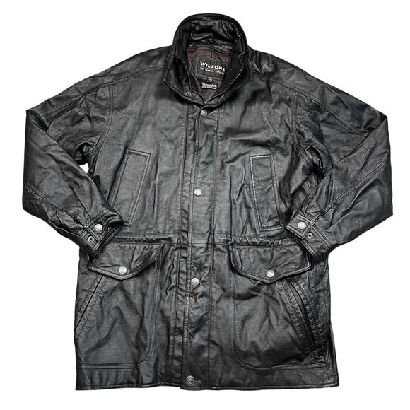 Vintage Wilson Leather Jacket Sz Medium Thinsulate Black Bomber 90s Snap Pockets
